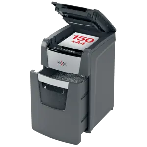Distrugator documente automat REXEL OPTIMUM 150M, P5, micro-cut (particule), 150 coli, cos 44l